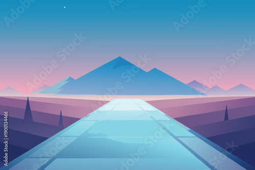 Surreal night landscape of the Egyptian pyramids rising like mountains into the sky above desert, water, and glowing sunset peaks in a dreamy vector travel illustration