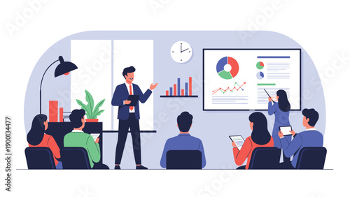 Professional businessman delivers a detailed financial presentation to a group of colleagues in a modern corporate meeting room.