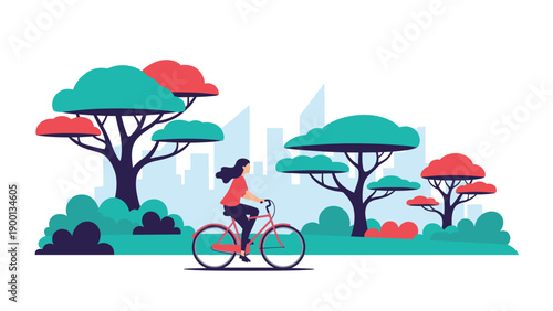Young woman riding a bicycle through a scenic park with stylized trees and a city skyline in the background, promoting green transport.