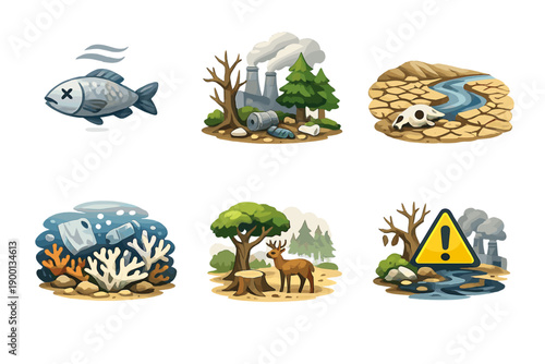 Environmental degradation and ecosystem damage icon set for pollution, climate change and nature loss