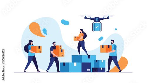 Team of workers organizing cardboard boxes for shipping while a drone delivers a package, representing modern automated logistics systems.