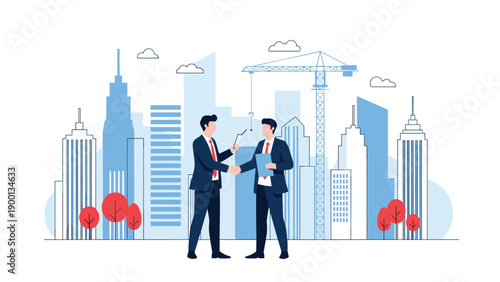Two professional businessmen in suits shaking hands against a city skyline with construction cranes, symbolizing a successful deal.