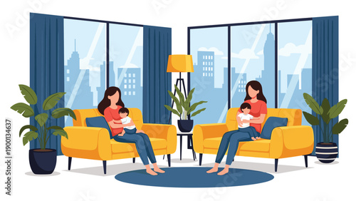 Two young mothers sitting on yellow sofas in a bright modern apartment, each holding their baby and enjoying a playdate at home.