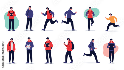 Diverse collection of male characters in various active poses such as standing, running, and reading books, representing youth and study.