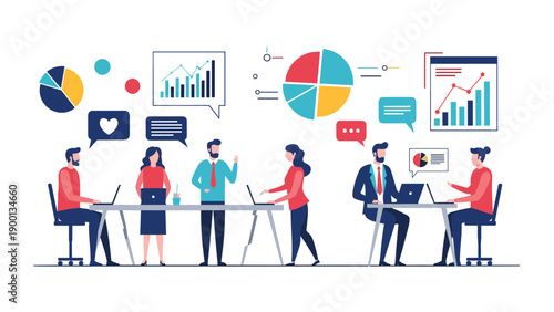Business team working in a modern office environment with data visualization charts and graphs representing financial analysis and growth.