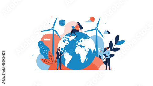 People working around a large globe with wind turbines, representing global cooperation for green energy and environmental sustainability.