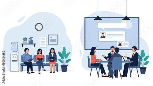 Split scene showing people waiting in an office reception area and a business team holding a collaborative meeting in a conference room.