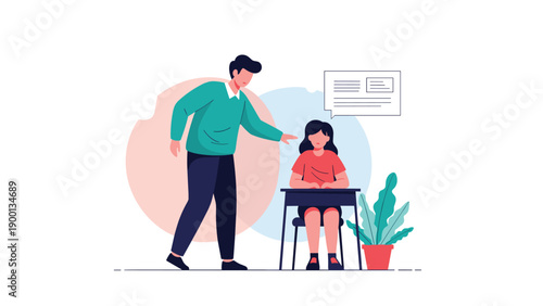Male teacher or mentor providing guidance to a young female student sitting at her desk, representing education and personal coaching.