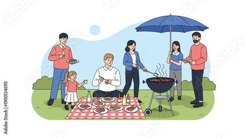 Happy family and friends enjoying a barbecue picnic in a green park, grilling food and eating together on a checkered blanket.
