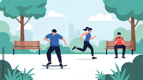 People enjoying various outdoor activities in a park including skateboarding, running, and relaxing on a bench with a mobile phone.