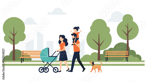 Happy family with a baby stroller and a pet dog walking through a green city park with trees, benches, and a skyline background.