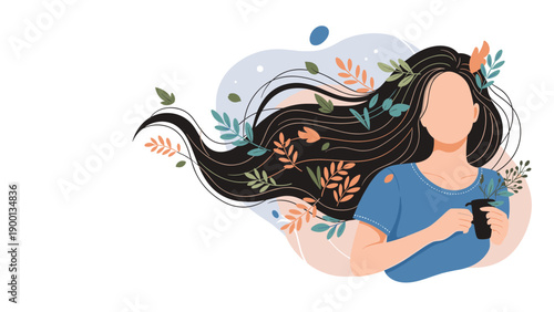Beautiful woman with long flowing hair adorned with green leaves and plants, holding a small pot and representing nature and growth.