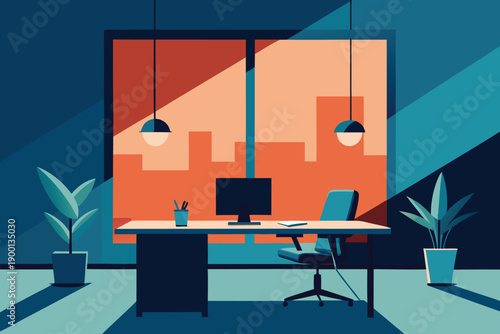 Modern office space with large windows and indoor plants for a fresh atmosphere