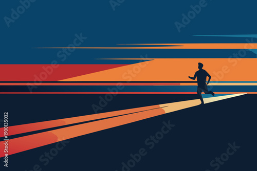 Silhouette of a runner at sunset on a vibrant, colorful path
