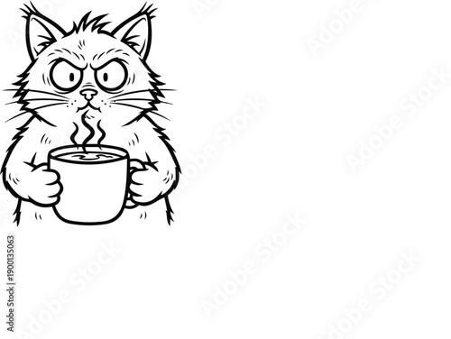 Grumpy Cartoon Cat Holding a Steaming Cup of Hot Coffee