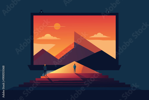 A surreal landscape with two figures standing on a platform in front of a large screen.