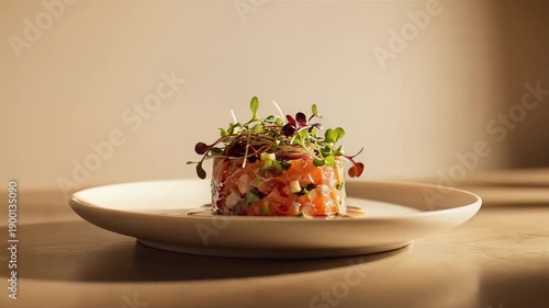 Wallpaper Mural Delicious Raw Salmon Tartare Landing on Plate Restaurant Dish Torontodigital.ca