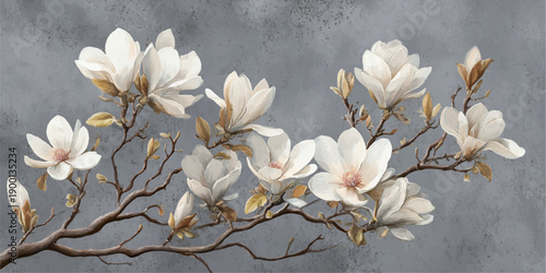 Delicate pink and white magnolia blossoms on a dark branch against a textured brick wall