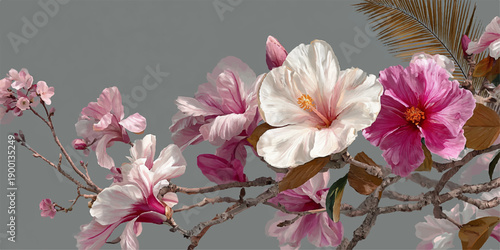 Soft focus close up of delicate pink peonies and blossoms in a vintage floral arrangement