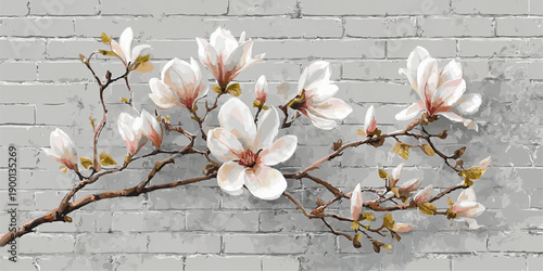 Delicate pink and white magnolia blossoms on a dark branch against a textured brick wall