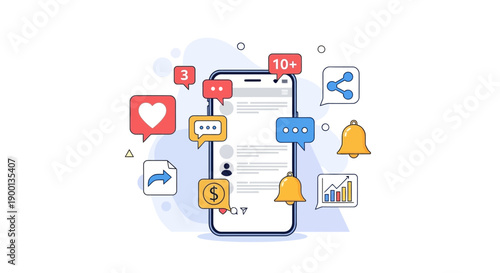 Smartphone interface surrounded by various social media engagement icons representing online communication, metrics, and interaction growth.