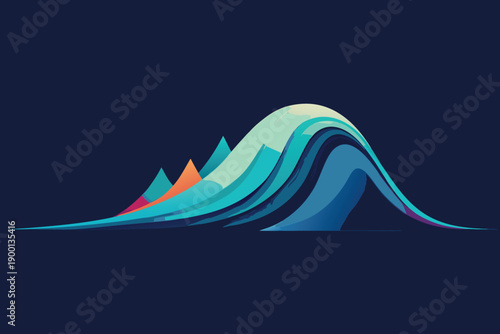 Winter blue mountain landscape with flowing wave lines in clean vector illustration style