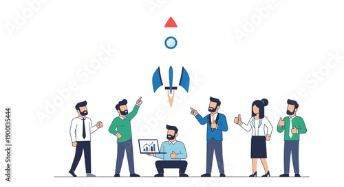 Business team celebrating a successful product launch illustrated by a soaring white and blue rocket taking off toward the sky.