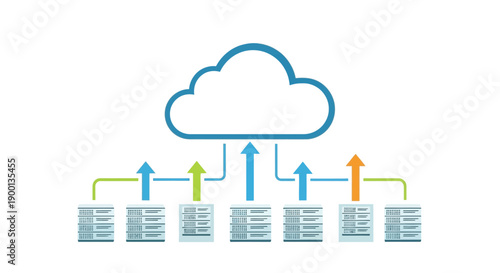 Conceptual graphic illustrating multiple data servers uploading information securely toward a central scalable cloud computing infrastructure system.