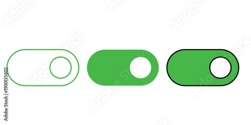 Three green toggle switch on white background on off slider