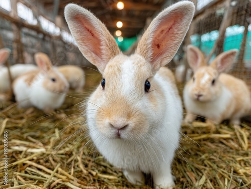 A white rabbit with brown spots sits in a straw-covered enclosure, gazing at the camera.
