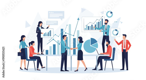 Business professionals collaborate intensely around large charts and graphs illustrating positive growth and successful partnership agreements.