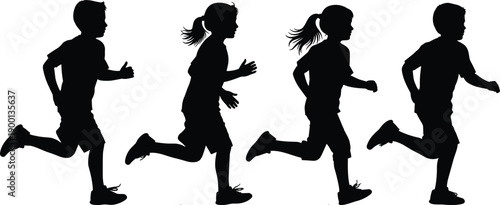 Black silhouettes of group of young children running and playing together outdoors isolated on white background for school sports and healthy lifestyle themes