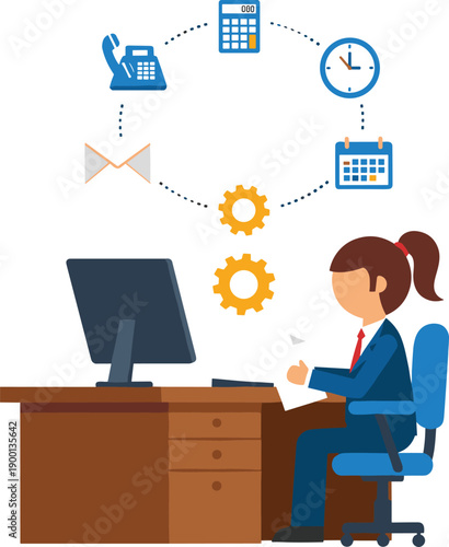 Professional Businesswoman at Office Desk Managing Workflow Tasks and Schedules with Communication Icons for Project Management, Corporate Productivity, and Administrative Services