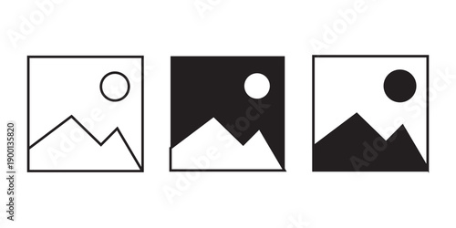 Three simplified mountain landscape in black and white circle outline