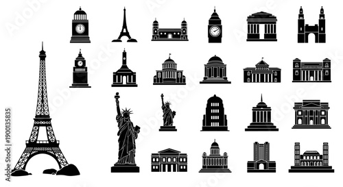 Diverse vector set of iconic global architectural landmarks, featuring famous monuments and historic structures, perfect for representing world heritage and travel concepts
