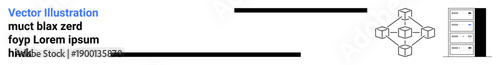 Blockchain technology, data storage, decentralized systems, cloud computing, network security, database management. Illustrated nodes connected to a central server. Blockchain and data storage