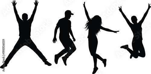 Black silhouettes of happy young men and women jumping high in the air with hands up celebrating success and freedom isolated on white background.