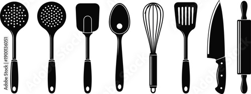Professional Kitchen Utensils and Cookware Icon Set Featuring Black Silhouettes of Spatula, Whisk, Knife, and Rolling Pin for Culinary Branding and Restaurant Menu Designs