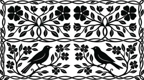 Floral bird silhouette border pattern, decorative folk art style vector illustration for wallpaper, textile, background, frame, ornament design