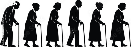 Elderly people silhouette walking set, senior man and woman with cane vector illustration for healthcare, aging, social design