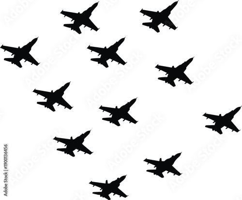 Black silhouettes of military fighter jets flying in formation against a white background for aviation concepts, air force defense, aerospace power, and tactical maneuvers.