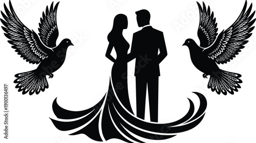 Romantic couple silhouette with flying doves, elegant wedding love vector illustration for invitation, engagement, romance, celebration design