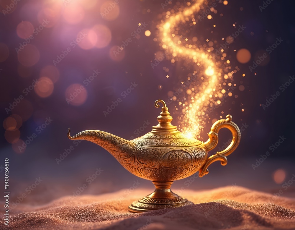 Fototapeta premium Golden magic lamp releases sparkling golden energy into smoky purple sky. Ancient artifact rests on sandy ground. Mystical light swirls upwards, hinting at powerful wishes granted.