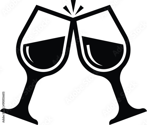 Two Wine Glasses Clinking in a Cheers Gesture Silhouette for Celebrations, Weddings, Romantic Dinners, Luxury Events, Social Gatherings, and Fine Dining Restaurant Branding
