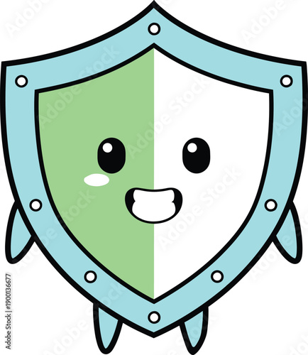 Cute cartoon shield mascot character with a smiling face and small arms and legs in green and light blue colours for security and protection concept.