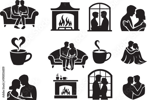 Cozy home love icons couple silhouettes fireplace sofa coffee cups window embrace