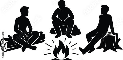 Black silhouettes of three friends sitting around a campfire on logs and stump talking and relaxing outdoors isolated on white background vector illustration.
