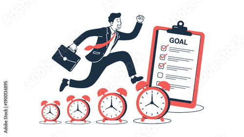A determined businessman in a suit jumps over multiple alarm clocks towards a clipboard with a goal checklist, symbolizing productivity and time management.