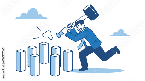 A cartoon businessman in a blue suit is aggressively hitting a bar graph with a large hammer, symbolizing destruction or disruption of data and statistics.