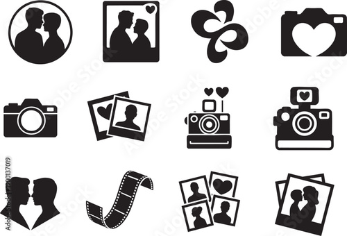 Photography and love icons couple silhouettes camera photos film reel portraits heart